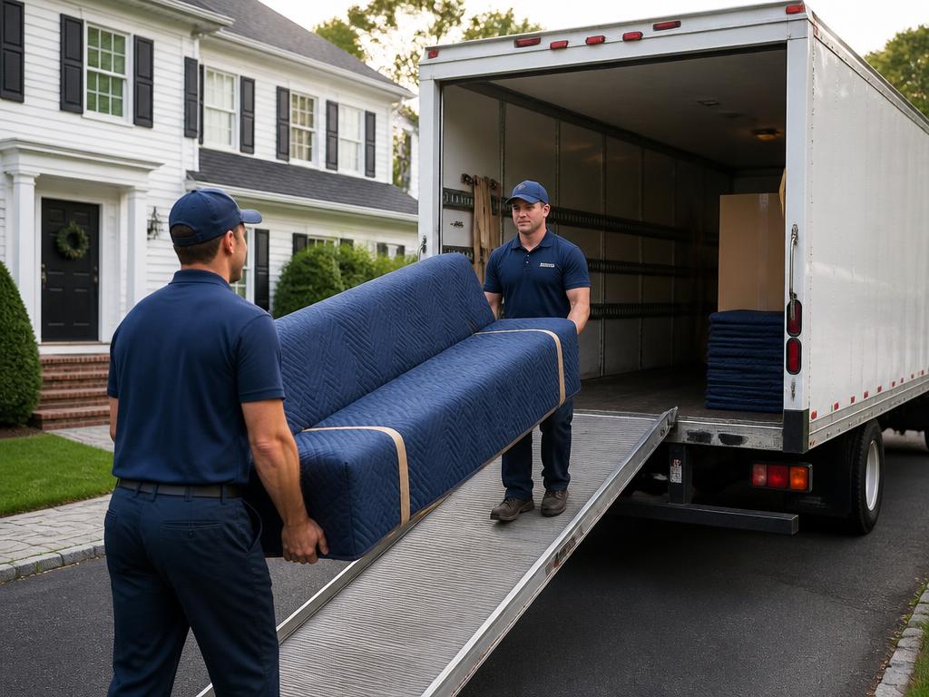 Fast Moving Company movers loading a blanket-wrapped sofa into a moving truck outside a New Jersey home
