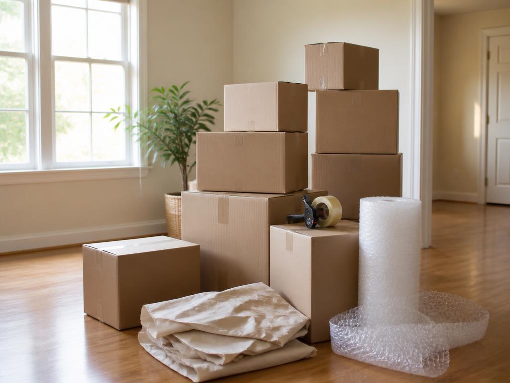 Labeled moving boxes, packing paper and bubble wrap staged in a living room being packed