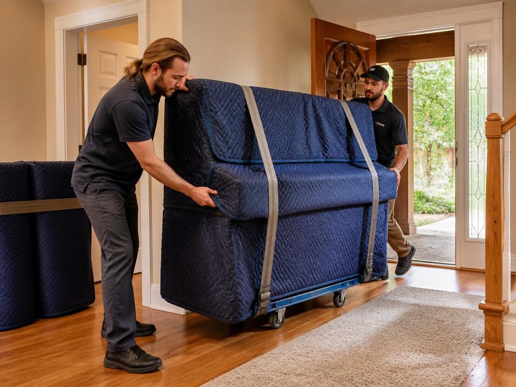 Movers transporting a blanket-wrapped upright piano on a dolly through a home entryway